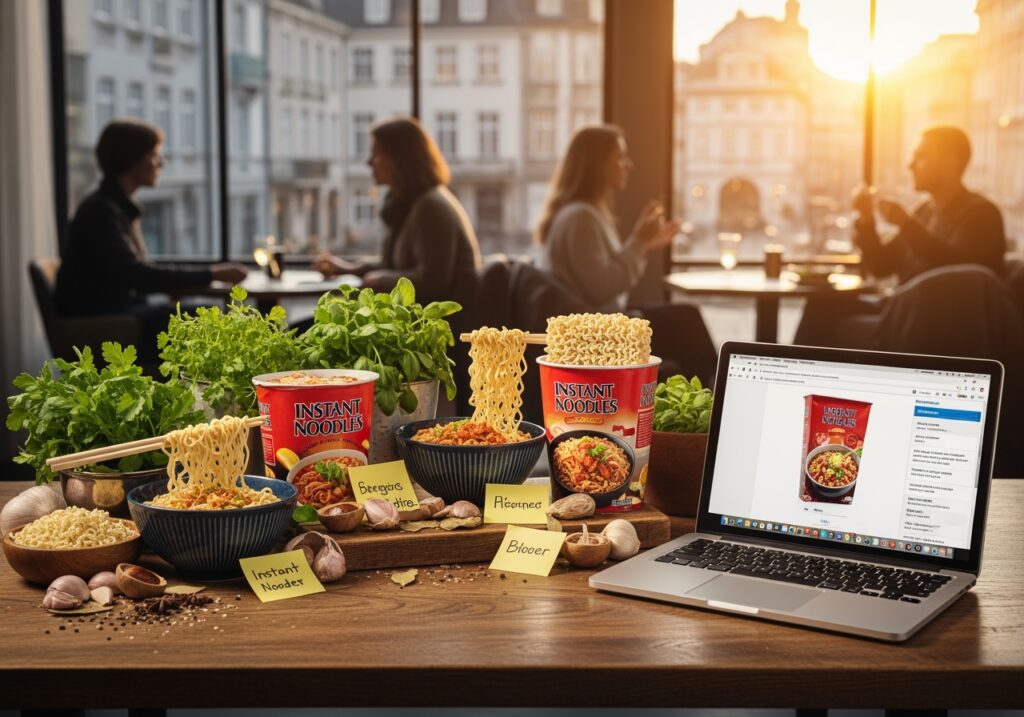 Instantnudeln mit Kräutern und Gewürzen auf einem Holztisch, neben einem Laptop, auf dem eine Website angezeigt wird.
