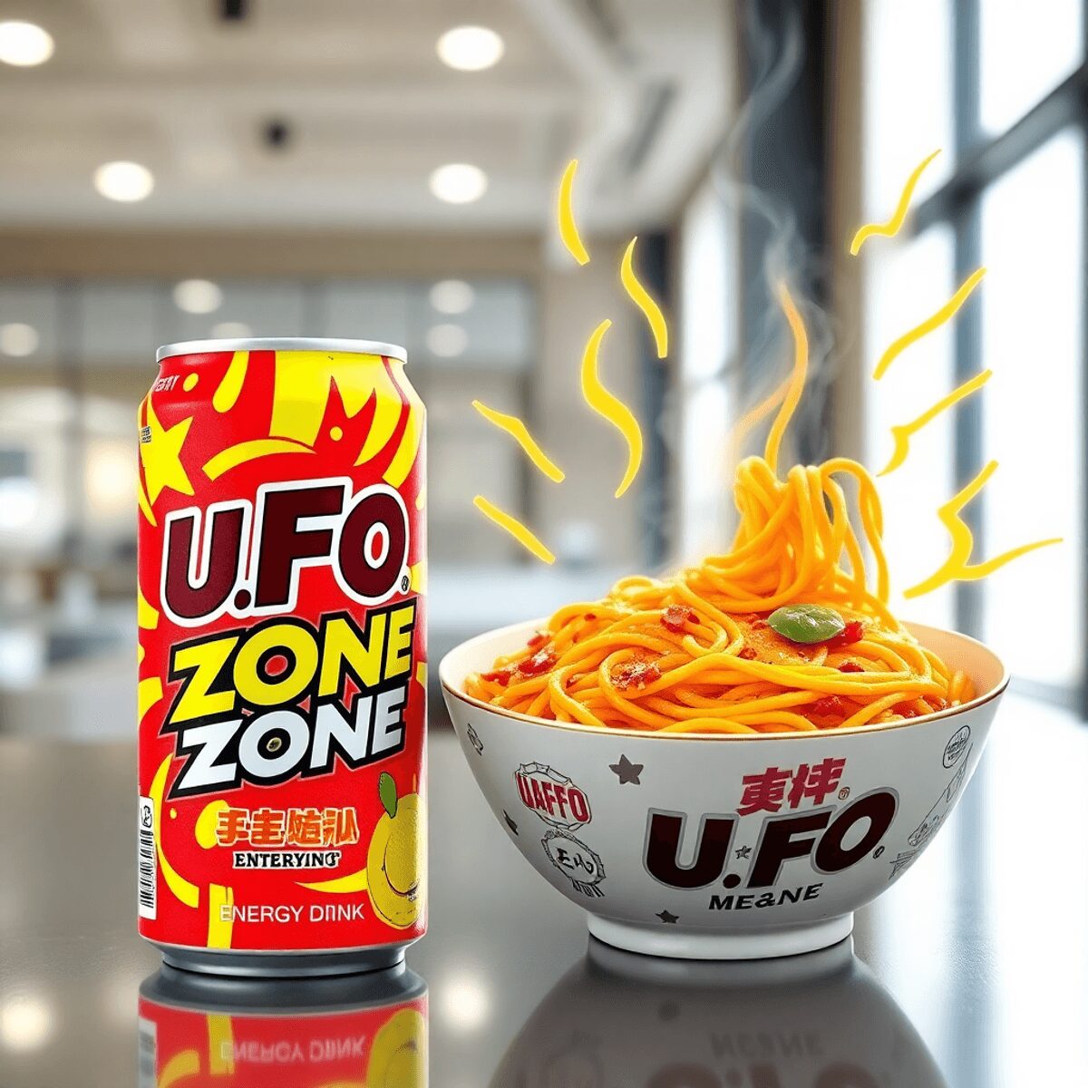 Eine lebendige Dose U.F.O. ZONe Energy Drink neben einer dampfenden Schüssel würziger U.F.O. Instant Yakisoba mit auffälliger, bunter Verpackung un...