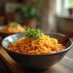 Schüssel mit dampfenden Instant Nudeln, garniert mit frischen Kräutern. Instantnudeln.com